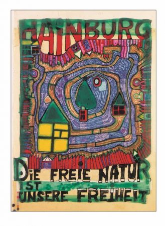 Friedenssreich Hundertwasser 1984 Poster HAINBURG - DIE FREIE NATUR IST UNSERE FREIHEIT