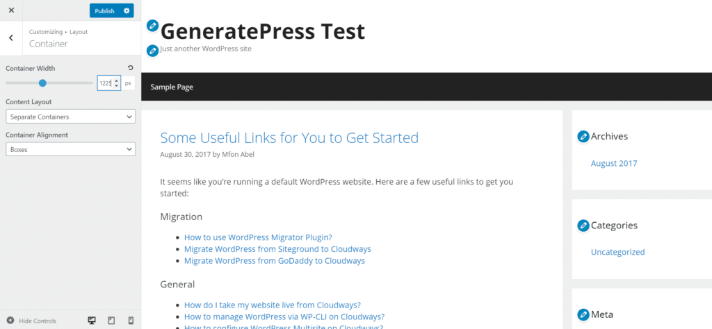 Screenshot GeneratePress Customizer